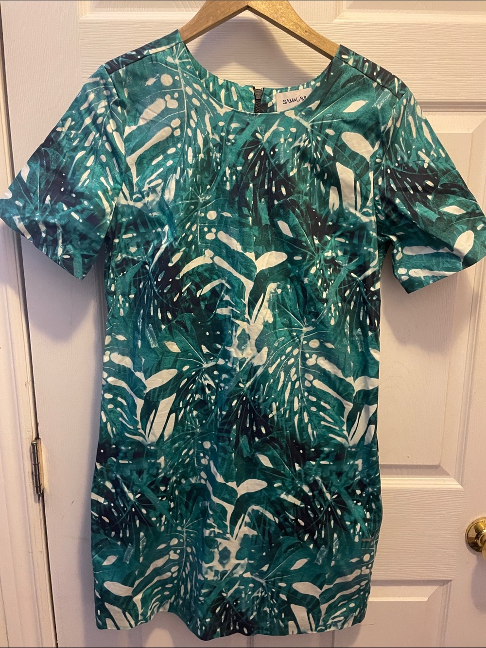 Sam & Lavi Teal and White Tropical Leaf Casual Dress
